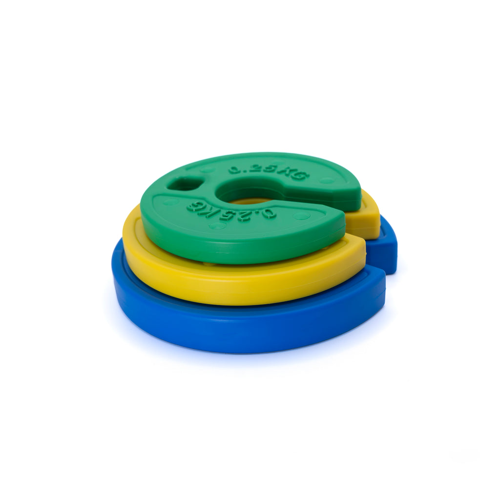 Set of three colourful fractional weight plates stacked on a white background